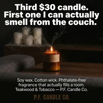 P.F. Candle Co. Teakwood Candle image ad in 1:1 format